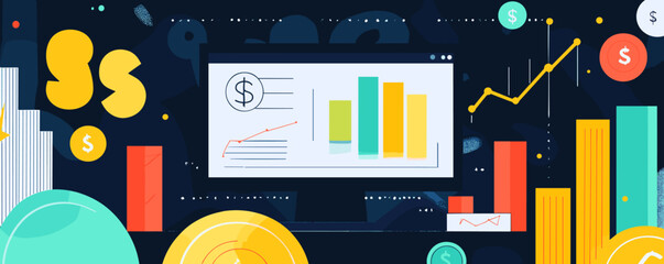 Poster - Colorful financial data dashboard with graphs and charts on dark background - vector.