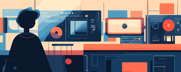 Poster - Futuristic control room with silhouette and technology panels in digital art style – vector.