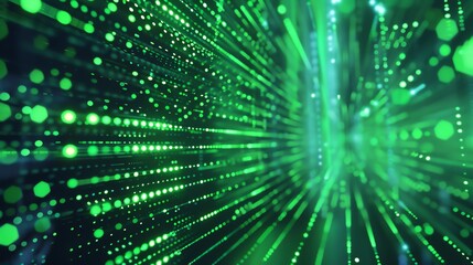 Poster - 3D rendering of abstract glowing green dots and lines moving in perspective. Futuristic technology or digital data transfer concept.