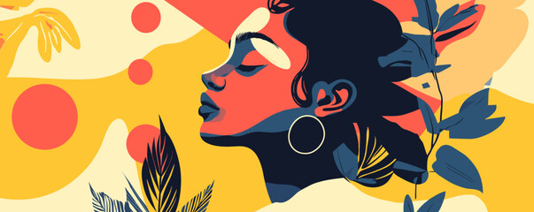 Poster - Elegant abstract woman profile with leaves and circles in bold colors, modern art - vector.