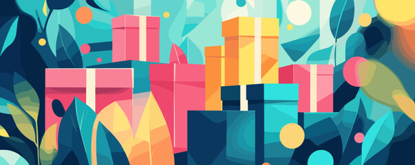Poster - Colorful gift boxes amidst leaves and bubbles in abstract style - vector.