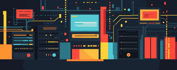 Poster - Futuristic data center with servers and digital interfaces in a tech layout, vector.