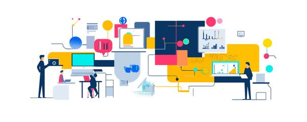 Poster - Abstract business technology process with people working and data charts, flat design vector.