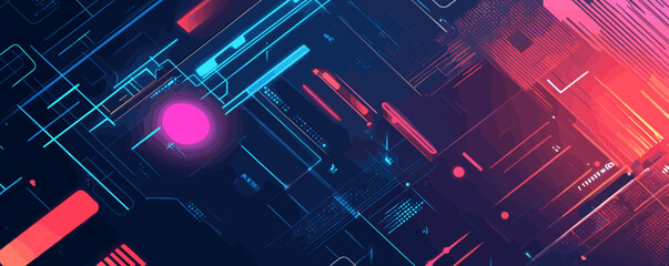 Poster - Futuristic neon circuit board with abstract geometric patterns vector.