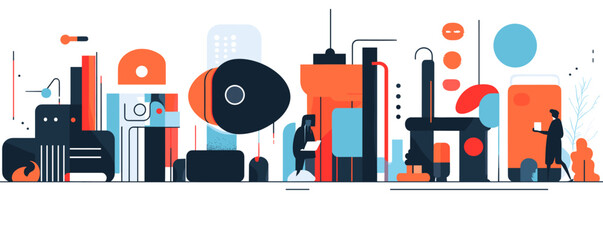 Poster - Abstract urban cityscape with geometric shapes and figures in minimalistic style - vector.