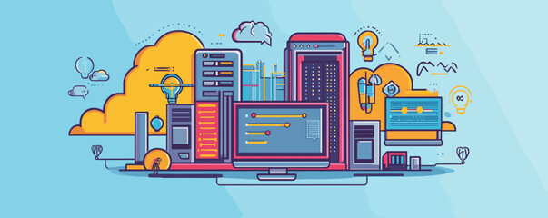 Poster - Cloud computing concept with servers and devices against blue background - vector.