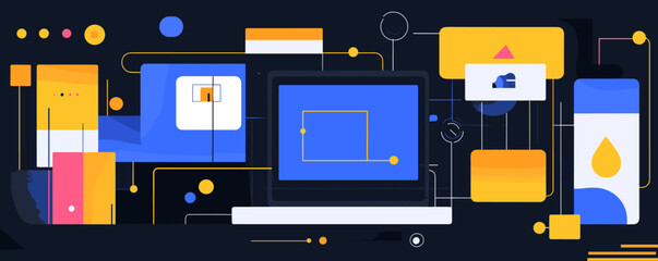 Leinwandbilder - Abstract geometric technology interface with laptop and shapes on dark background, vector.