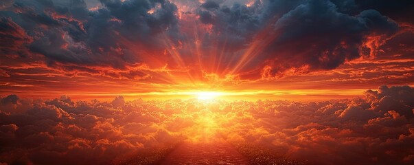 Poster - Dark clouds sunset horizon with fiery clouds and glowing sky concept. Stunning sunset illuminating clouds with vibrant colors.