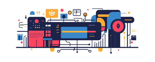 Poster - Abstract geometric technology circuit board in red, blue, and yellow - vector.