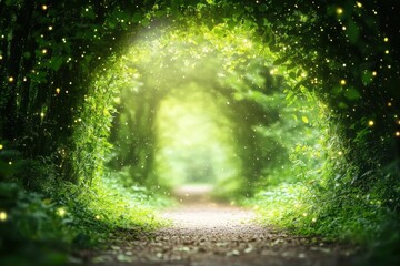 Poster - Enchanted forest path radiating light through lush green foliage at dusk, fantasy fairy tale forest covered in greenery and fireflies