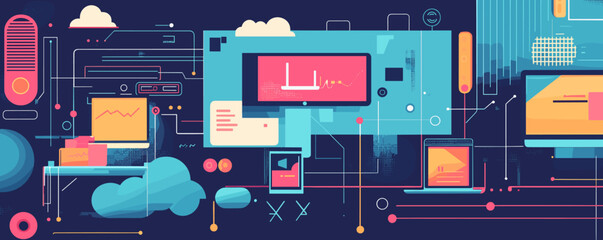 Leinwandbilder - Futuristic digital workspace with laptops, monitors, and data graphs - vector.