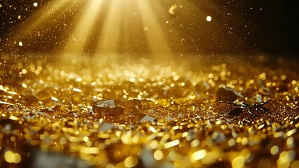 Poster - Glittering golden surface with sparkling particles illuminated by warm light beams during evening hours