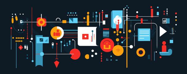 Poster - Abstract geometric technology network with colorful shapes and icons on dark background, vector.