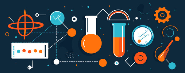 Poster - Futuristic chemistry and physics icon set featuring lab equipment and formulas – vector.