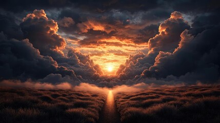 Poster - Dark clouds sunset horizon with fiery clouds and glowing sky concept. A breathtaking sunset with clouds and golden light over fields.