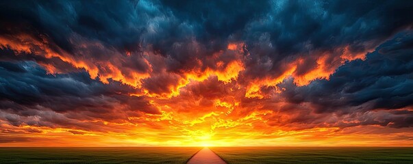 Poster - Dark clouds sunset horizon with fiery clouds and glowing sky concept. A stunning sunset over a vast landscape with dramatic skies.