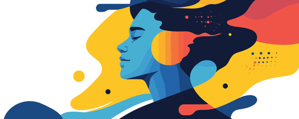 Poster - Colorful abstract profile of a woman with flowing shapes - vector.