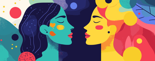 Poster - Colorful abstract portrait of two faces in profile with geometric elements - vector.