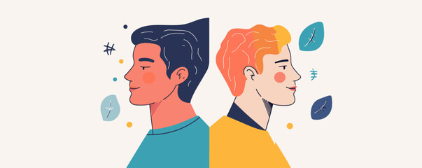 Poster - Colorful abstract profiles of two men in side view, modern art style vector.