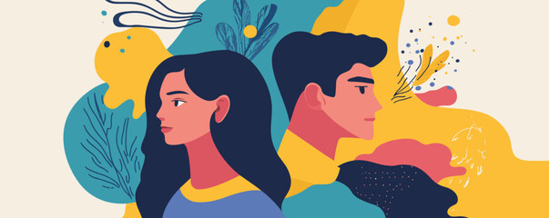 Poster - Colorful abstract art featuring young couple in profile, vibrant colors and natural elements - vector.