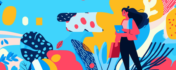 Poster - Colorful abstract background with businesswoman holding tablet and briefcase - vector.