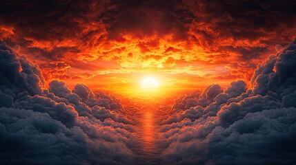 Poster - Dark clouds sunset horizon with fiery clouds and glowing sky concept. A stunning sunset illuminating the vibrant clouds and horizon.