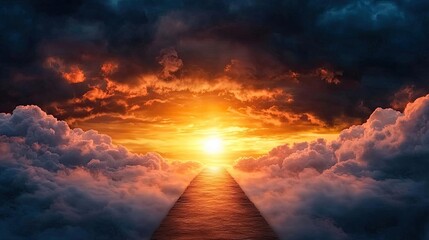 Poster - Dark clouds sunset horizon with fiery clouds and glowing sky concept. Stunning sunset illuminating clouds and creating serene atmosphere.