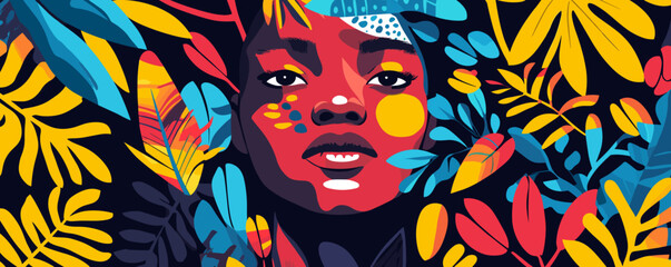 Poster - Vibrant abstract portrait of woman amidst tropical leaves, bold colors, artistic face - vector.
