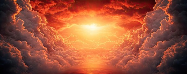 Poster - Dark clouds sunset horizon with fiery clouds and glowing sky concept. A breathtaking sunset illuminates the sky with vibrant colors.