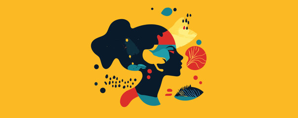 Poster - Abstract female silhouette with nature elements on yellow background, artistic design vector.