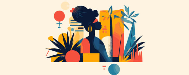 Poster - Abstract woman with afro hairstyle and geometric elements in vibrant colors - vector.