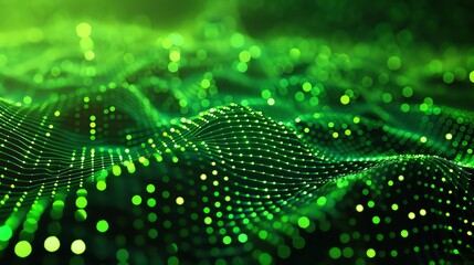 Poster - Abstract glowing green wave of particles. Futuristic technology or science fiction background.