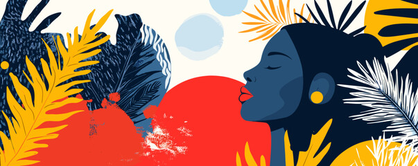 Poster - Vibrant abstract portrait of a dreaming woman surrounded by tropical leaves in bold colors – vector.