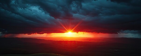 Aufkleber - Dark clouds sunset horizon with fiery clouds and glowing sky concept. Stunning sunset illuminating a dramatic cloudy sky landscape.