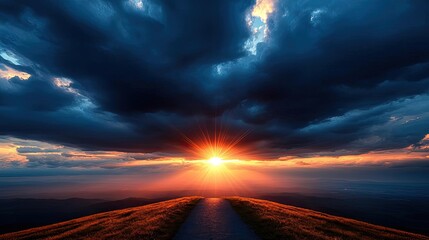 Aufkleber - Dark clouds sunset horizon with fiery clouds and glowing sky concept. Stunning sunset over a serene landscape with dramatic clouds.