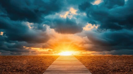 Poster - Dark clouds sunset horizon with fiery clouds and glowing sky concept. A serene pathway leading to a vibrant sunset over the horizon.