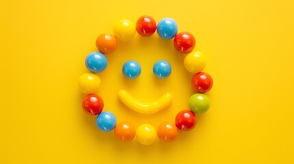Poster - Colorful 3D rendering of a smiley face made of various colored balls on a yellow background.