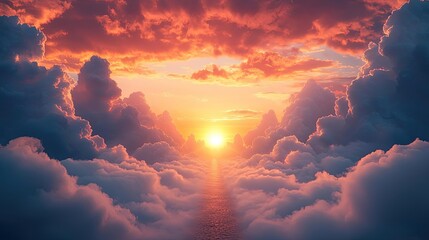 Aufkleber - Dark clouds sunset horizon with fiery clouds and glowing sky concept. A breathtaking sunset illuminating vibrant clouds above the ocean.
