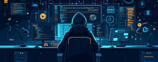 Poster - Hacker in dark room operating multiple computer screens with code and data elements - vector.
