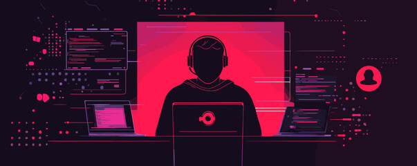 Leinwandbilder - Futuristic programmer at workstation with laptops and code on screen - vector.
