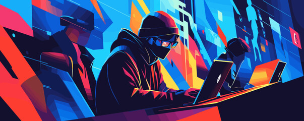 Poster - Hacker team in futuristic setting operating laptops in vibrant abstract art - vector.