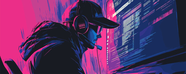 Poster - Futuristic hacker at computer monitor in cyberpunk style - vector.