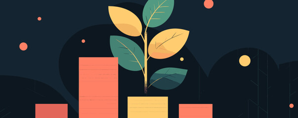 Poster - Economic growth: plant growing on bar graph in night sky - vector.