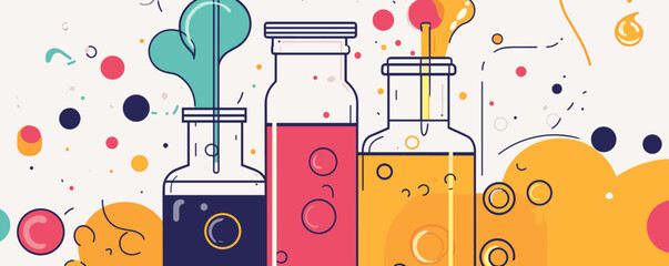 Poster - Colorful chemistry bottles with abstract shapes and bold lines - vector.