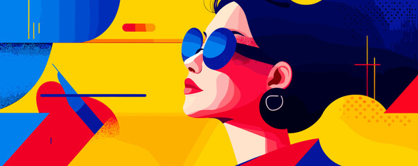 Poster - Vibrant portrait of stylish woman with sunglasses in abstract colorful design – vector.