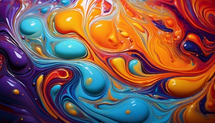 Poster - Bright orange, purple, light blue and other colors mixing together creating an abstract texture, ideal for backgrounds and creative projects
