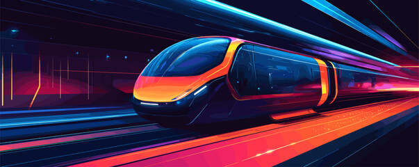 Poster - Futuristic high-speed train racing through a neon tunnel at night - vector.
