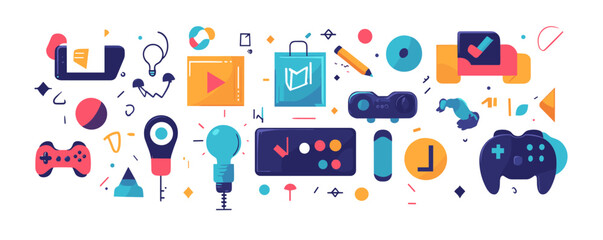 Poster - colorful gaming and technology icons with controllers and gadgets vector.
