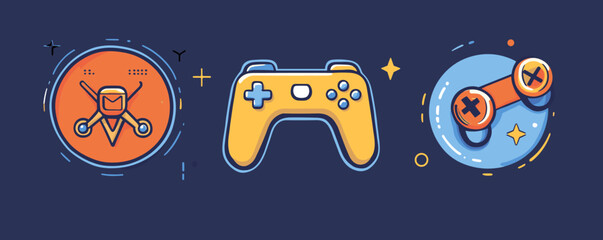 Poster - colorful gaming icons with game controller and tools on blue background - vector.