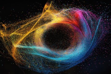 Poster - Colorful abstract particles gracefully interact in a mesmerizing display of light and motion, 4K Abstract colorful particles dance around the frame CGI